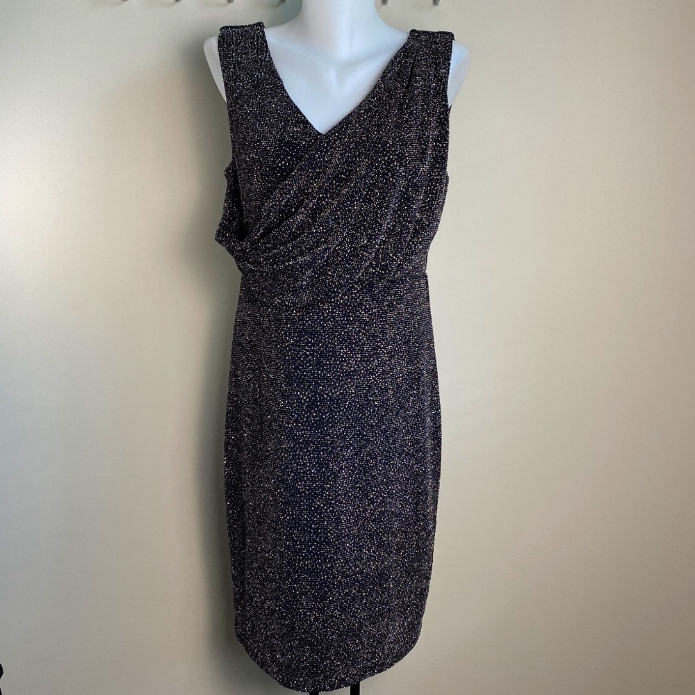Suzy Shier‎ Y2K Black Rainbow Sparkle Sleeveless Midi Dress Large Draped Front